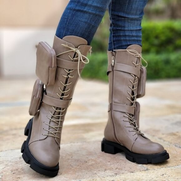 Women's Taupe Lace up High Combat Boots Lug Sole